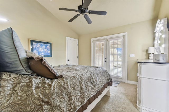 bedroom featuring access to exterior, light colored carpet, a ceiling fan, vaulted ceiling, and baseboards