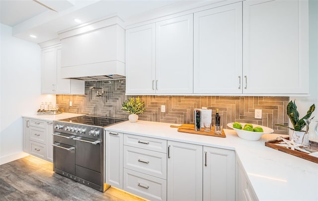 kitchen with high end range, backsplash, white cabinets, and hardwood / wood-style flooring