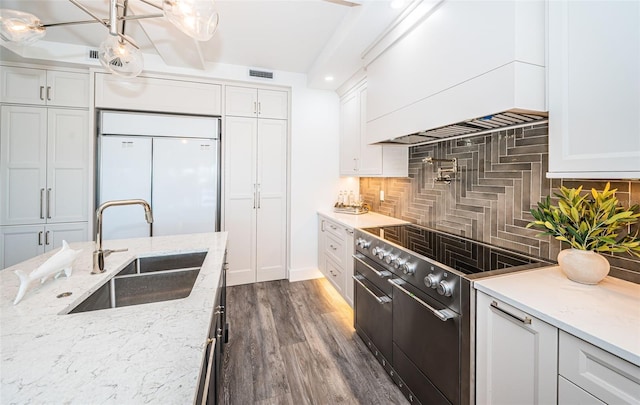 kitchen with backsplash, dark wood-type flooring, sink, high quality appliances, and white cabinets