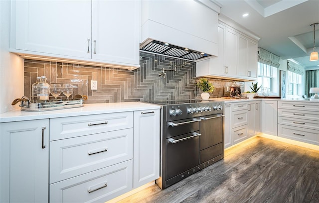 kitchen featuring white cabinetry, dark hardwood / wood-style flooring, high end range, and custom range hood