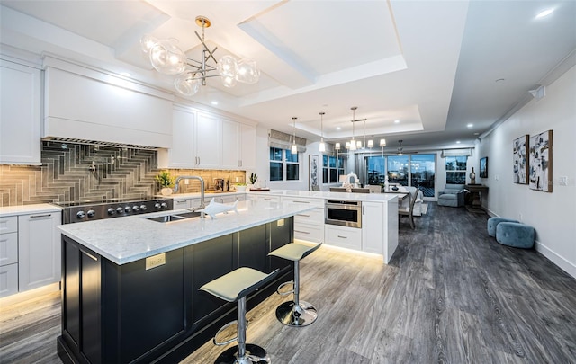 kitchen with a raised ceiling, an island with sink, pendant lighting, and stainless steel appliances