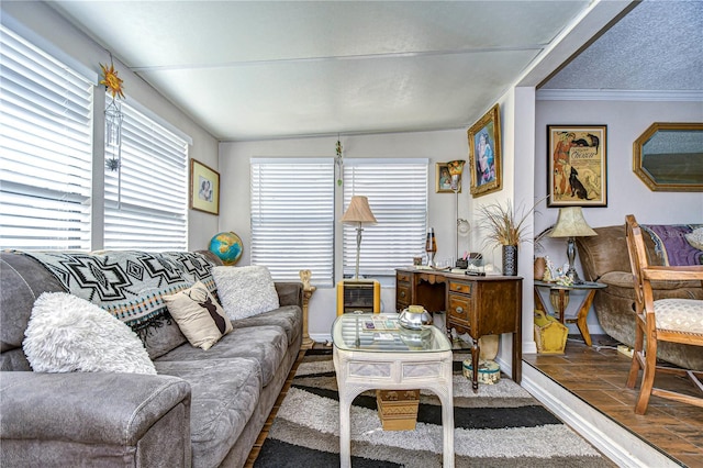 living room featuring vaulted ceiling