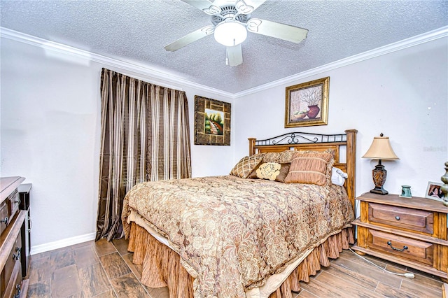 bedroom with ceiling fan, crown molding, hardwood / wood-style floors, and a textured ceiling