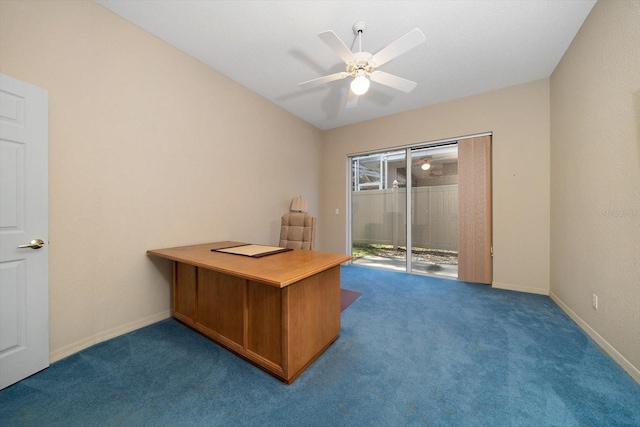 unfurnished office with ceiling fan and carpet floors