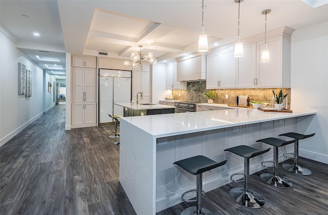 kitchen with white cabinetry, dark wood-type flooring, kitchen peninsula, decorative light fixtures, and high end appliances