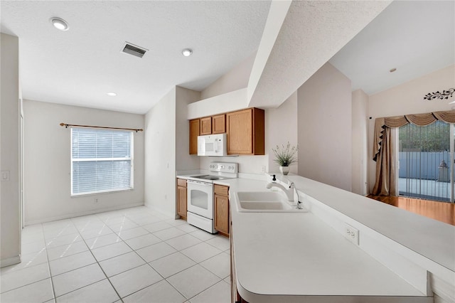 kitchen with white appliances, a wealth of natural light, lofted ceiling, and sink