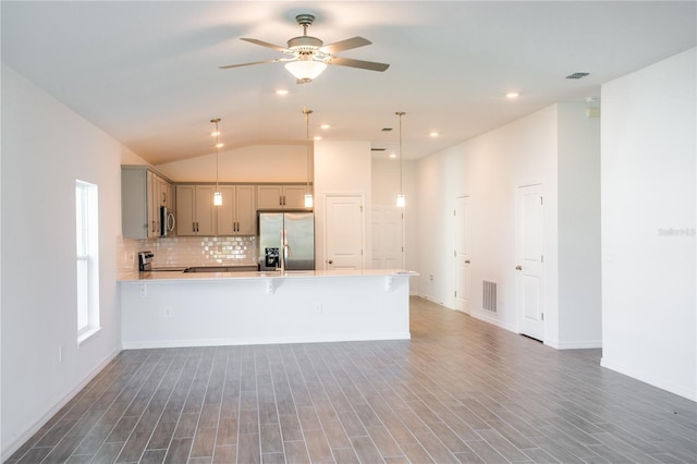 25434 Colon Dr, Punta Gorda, FL 33983 - kitchen featuring appliances with stainless steel finishes, gray cabinetry, light countertops, ceiling fan, and a peninsula