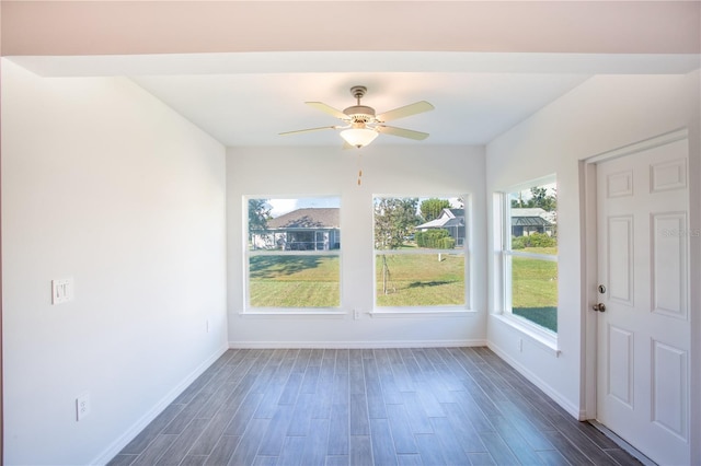 interior space featuring ceiling fan and dark hardwood / wood-style flooring