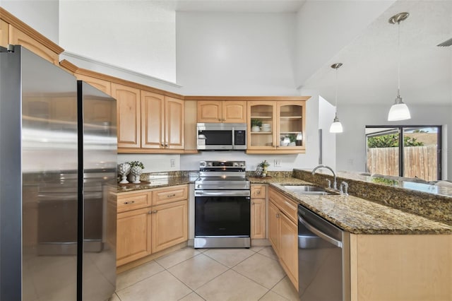 kitchen with hanging light fixtures, stainless steel appliances, a high ceiling, and sink