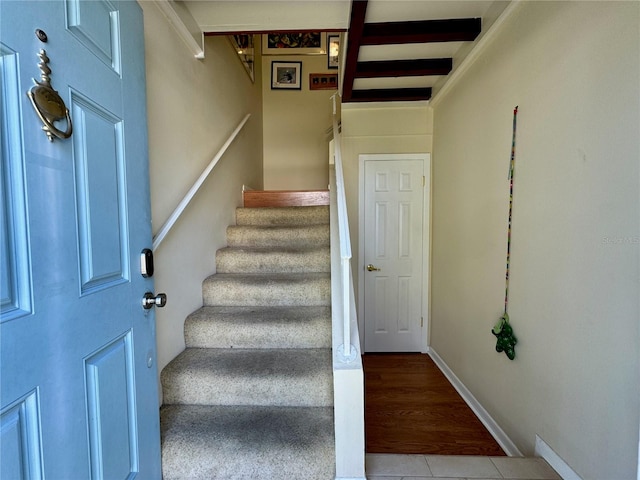 staircase with hardwood / wood-style flooring