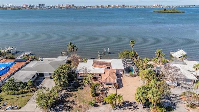 birds eye view of property featuring a water view