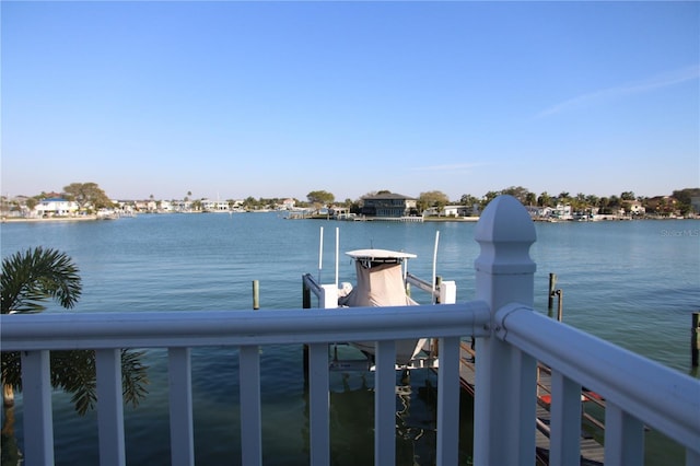 view of water feature with a dock