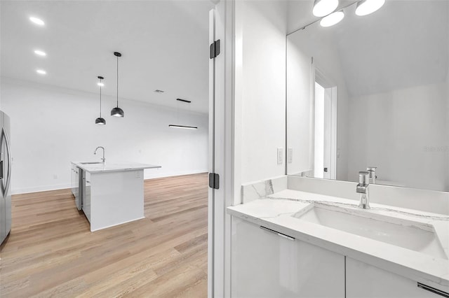 bathroom with vanity and wood-type flooring