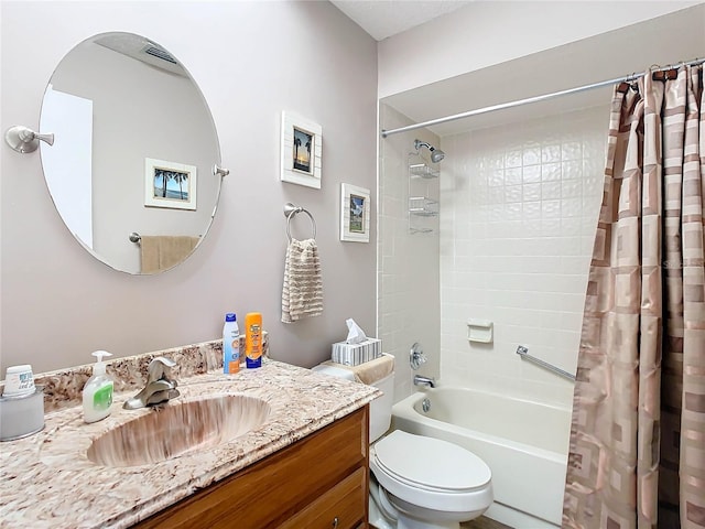 full bathroom with vanity, toilet, and shower / bathtub combination with curtain