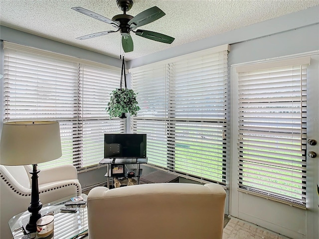 interior space with ceiling fan and a textured ceiling