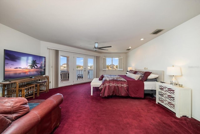 carpeted bedroom with access to exterior and ceiling fan