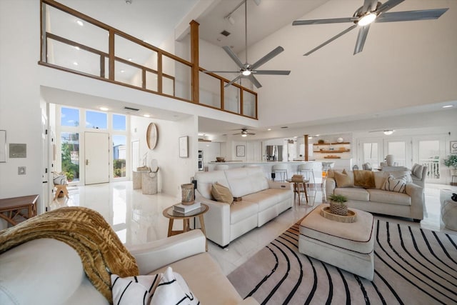18 Winston Dr, Belleair, FL 33756 - living room featuring ceiling fan and a towering ceiling