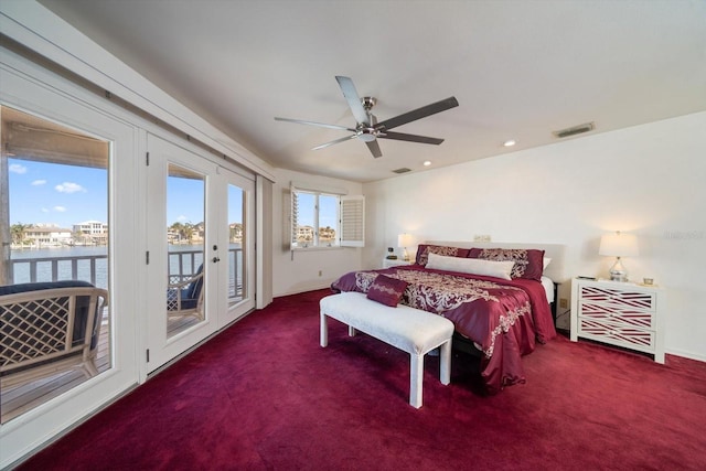 18 Winston Dr, Belleair, FL 33756 - carpeted bedroom featuring access to outside, a water view, a ceiling fan, and recessed lighting