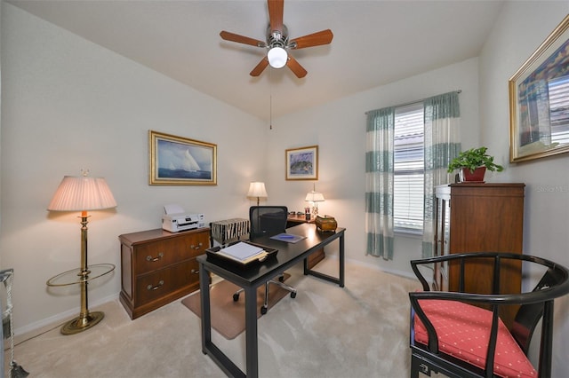 office featuring light colored carpet and ceiling fan