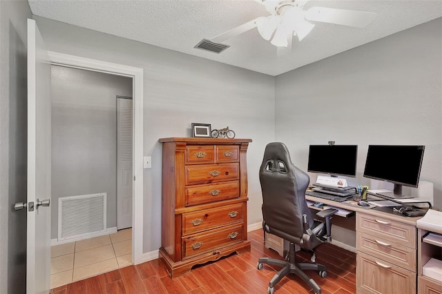 office featuring a textured ceiling and light hardwood / wood-style flooring