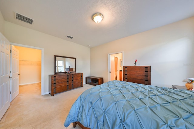 carpeted bedroom featuring a spacious closet, a textured ceiling, and a closet