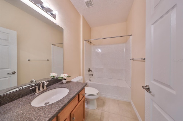 full bathroom with tile patterned flooring, shower / bathing tub combination, a textured ceiling, toilet, and vanity