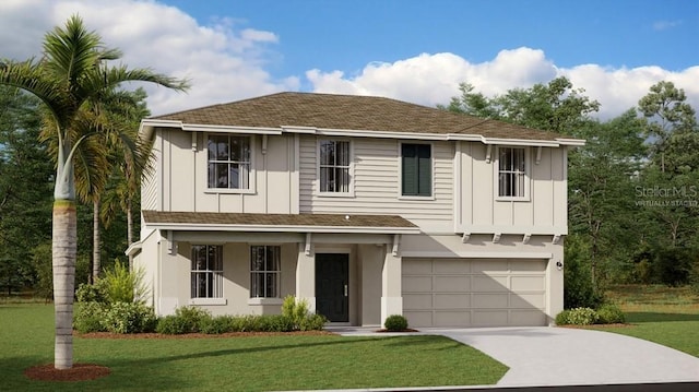 view of front of property featuring a front yard and a garage