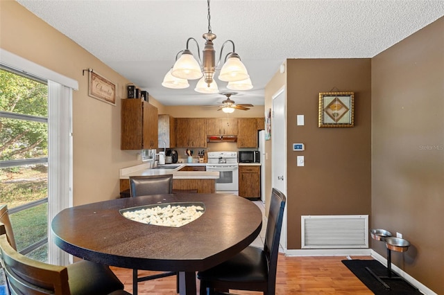 dining space with a textured ceiling, sink, ceiling fan with notable chandelier, and light wood-type flooring