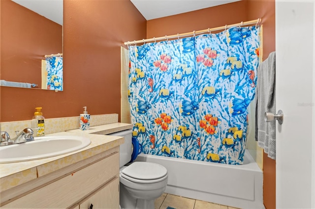 full bathroom with tile patterned flooring, vanity, shower / bath combo, and toilet