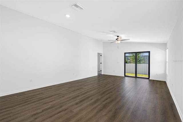 unfurnished room featuring dark hardwood / wood-style floors, ceiling fan, and lofted ceiling