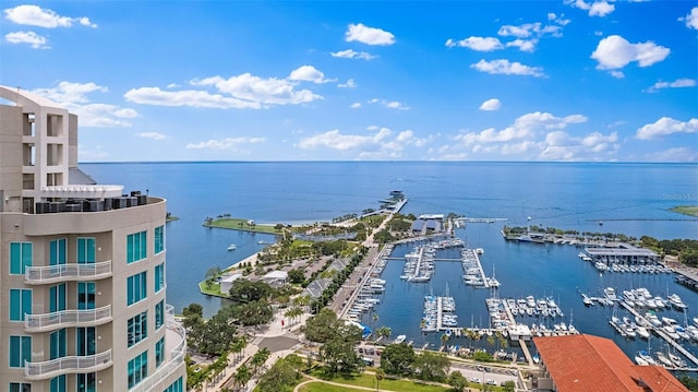 aerial view featuring a water view