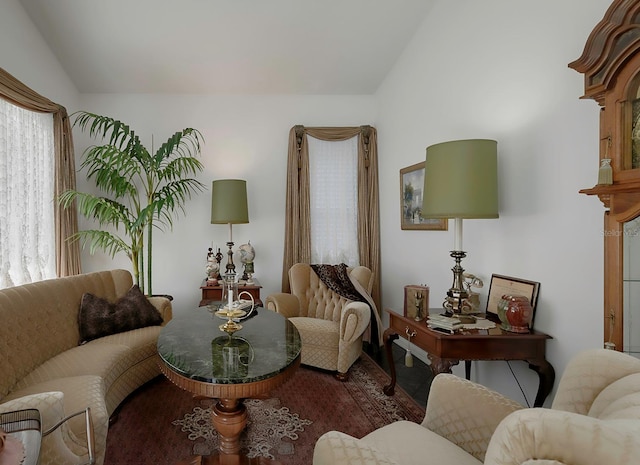 living room with lofted ceiling