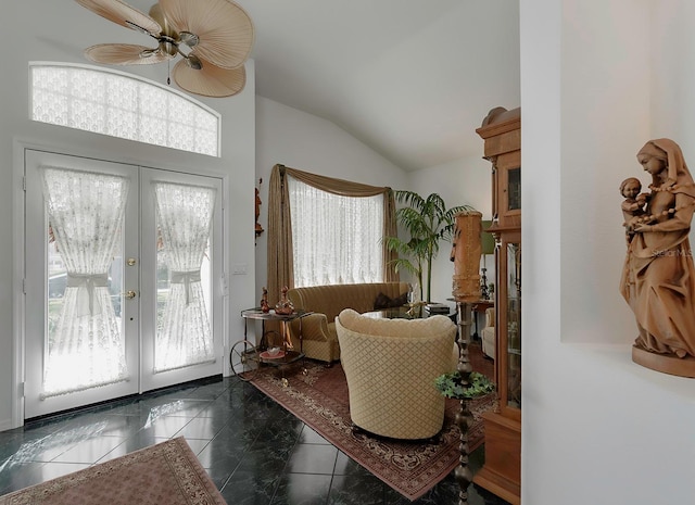 entryway featuring french doors, plenty of natural light, and ceiling fan