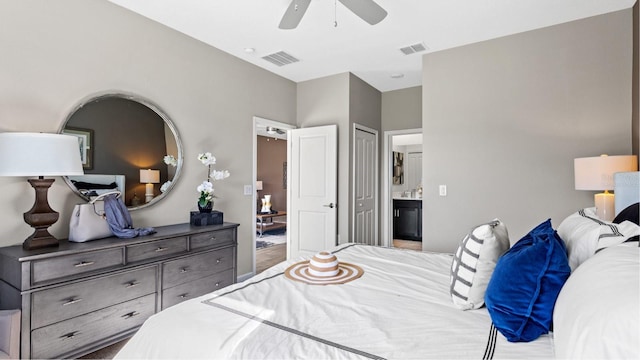 bedroom with ceiling fan, a closet, and ensuite bathroom