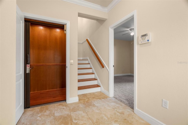 562 Rivercrest Ln, Tarpon Springs, FL 34689 - stairway featuring a ceiling fan, crown molding, elevator, tile patterned floors, and baseboards