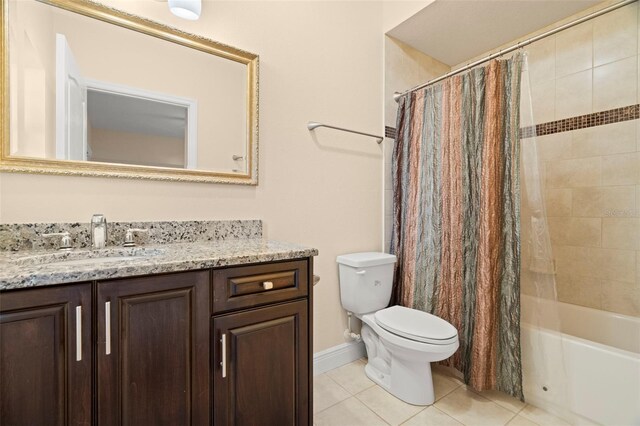 full bathroom with tile patterned flooring, vanity, toilet, and shower / tub combo with curtain