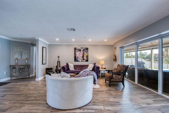 living room with hardwood / wood-style floors, a textured ceiling, and ornamental molding