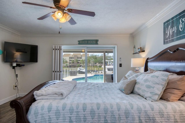 bedroom featuring access to outside, ceiling fan, wood-type flooring, and a textured ceiling