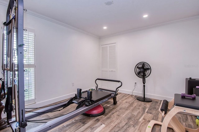 workout area with wood-type flooring and ornamental molding