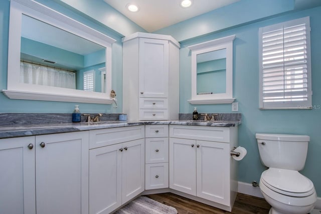 bathroom featuring vanity, toilet, and wood-type flooring