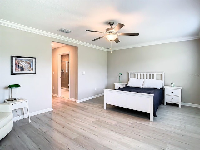 bedroom with ceiling fan, light wood-type flooring, and ornamental molding