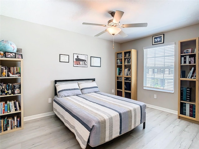 bedroom with ceiling fan and light hardwood / wood-style floors