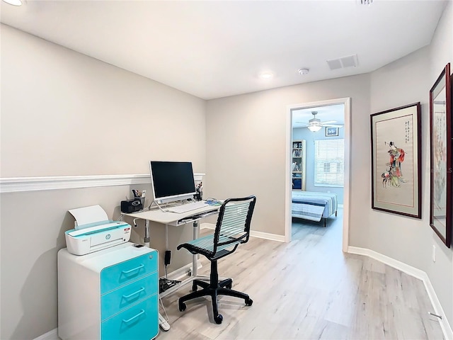 office featuring ceiling fan and light hardwood / wood-style flooring