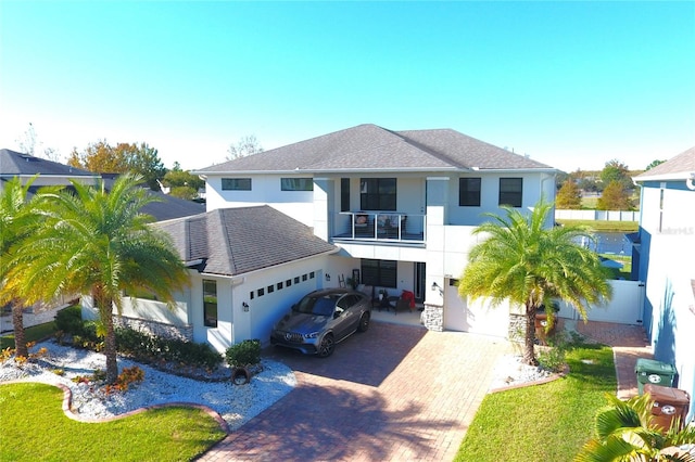 view of front facade with a front yard and a garage