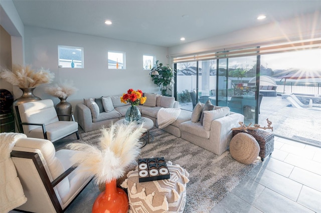 living room featuring light tile patterned floors