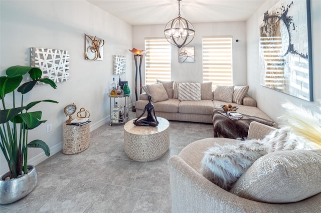 living room with a notable chandelier