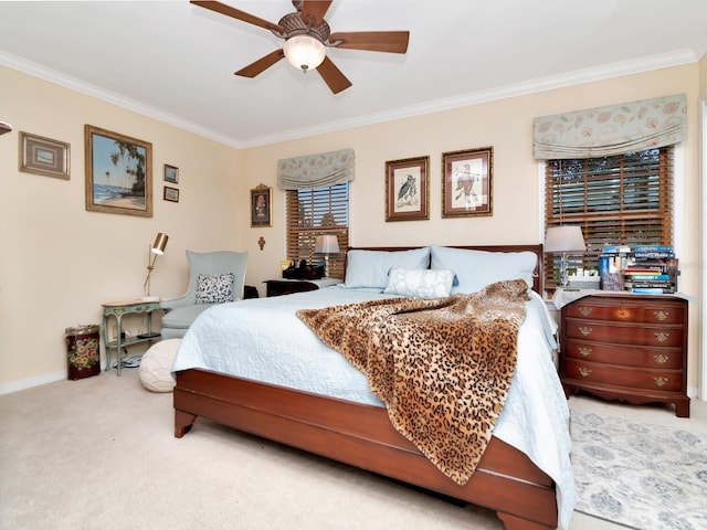 bedroom featuring carpet floors, ceiling fan, and ornamental molding