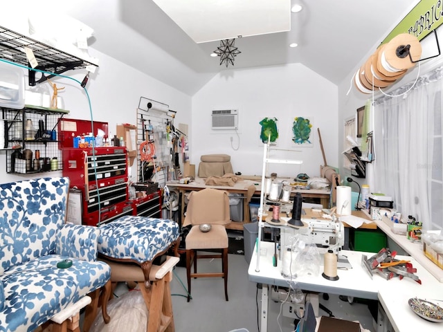 interior space with lofted ceiling and a wall unit AC