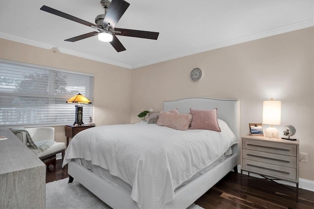 bedroom featuring ceiling fan, crown molding, and dark wood-type flooring