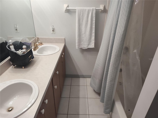 bathroom with vanity, tile patterned floors, and shower / bathtub combination with curtain